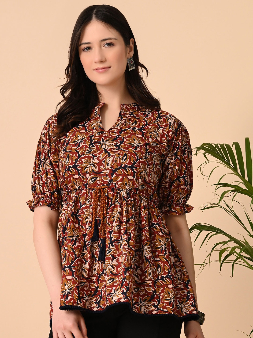 

SANTOLIYA Floral Print Ethnic Cotton Peplum Top, Red