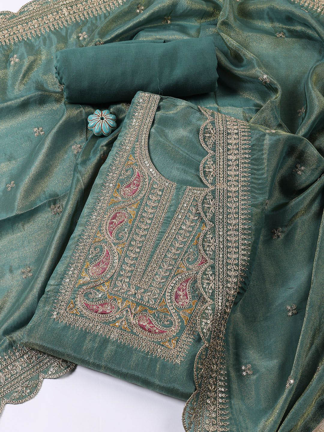 

Meena Bazaar Paisley Embroidered Sequinned Unstitched Dress Material, Sea green
