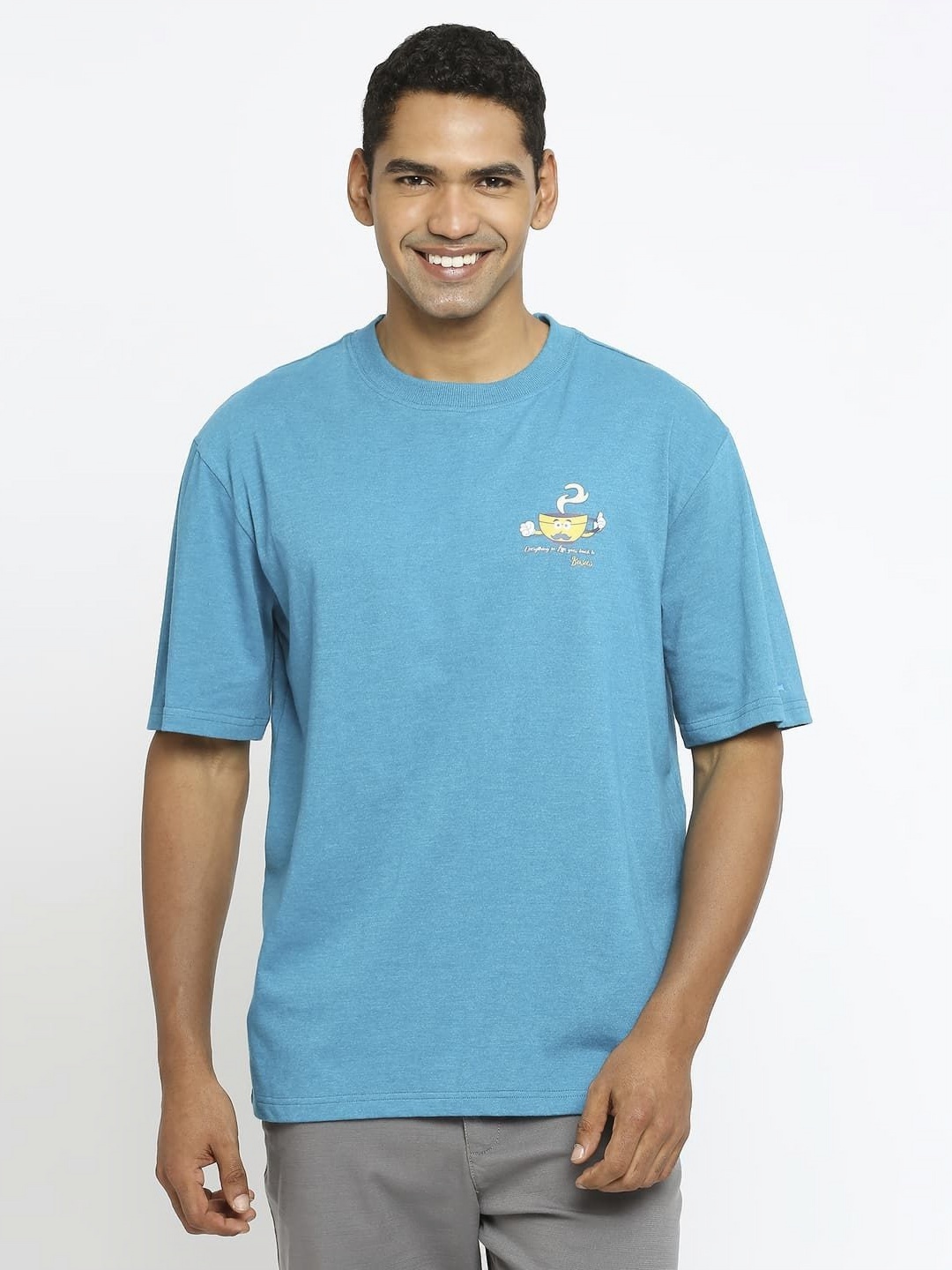 

Basics Men Graphic Printed Round Neck Cotton Relaxed Fit T-shirt, Turquoise blue
