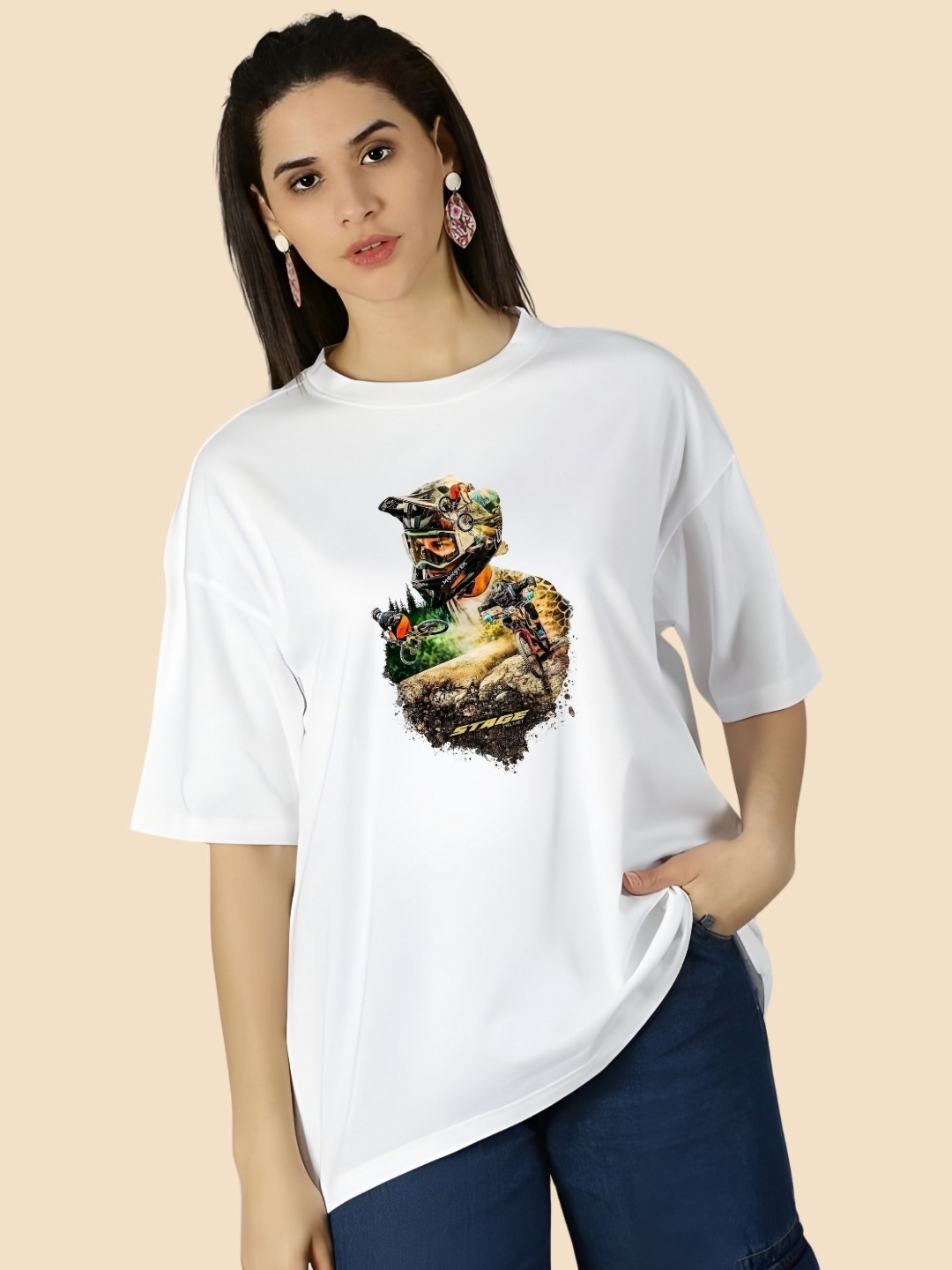 

SZN Women Graphic Printed Round Neck Cotton Oversized T-shirt, White