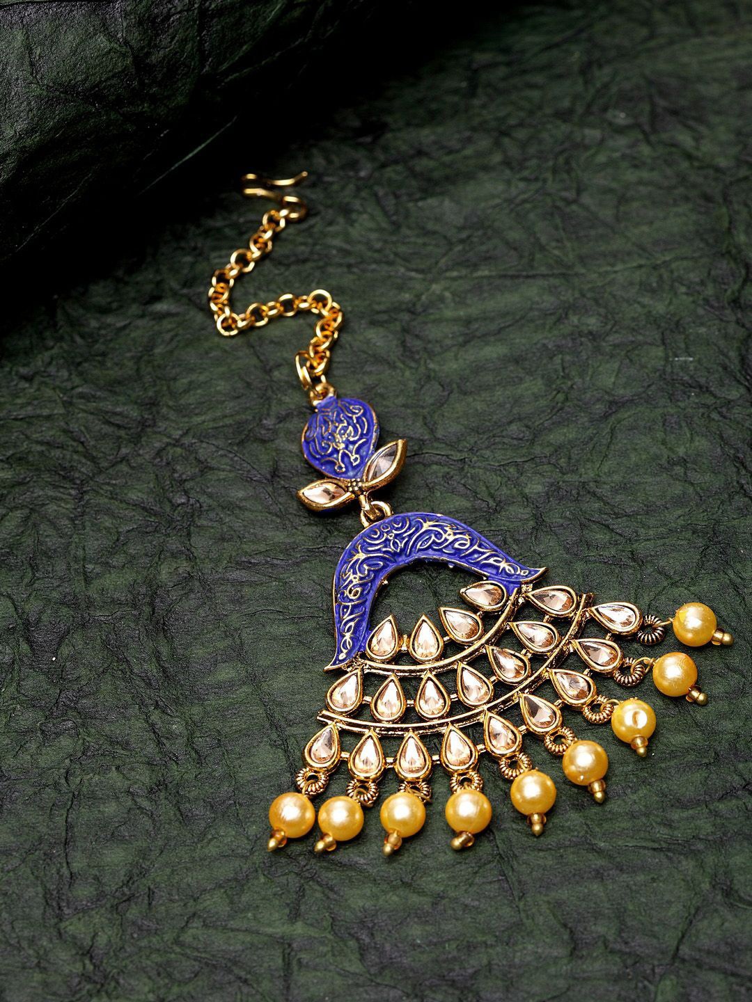 

Anouk Gold-Plated Artificial Stones Studded and Beaded Enamelled Maang Tikka