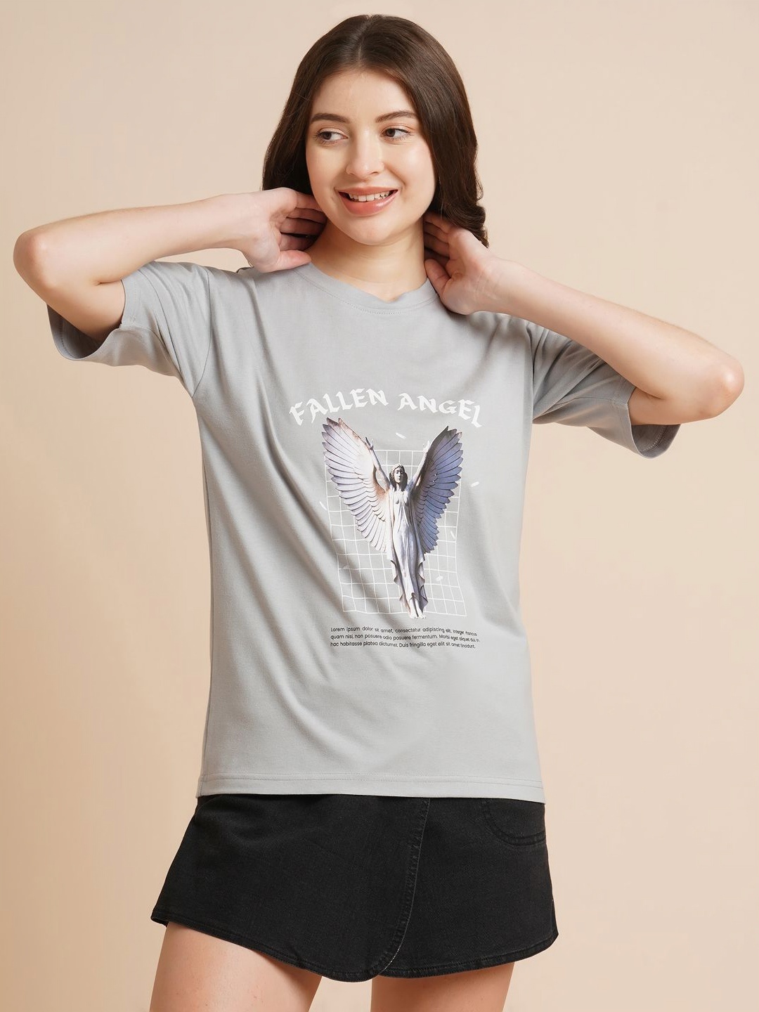 

ANJIR Women Graphic Printed Round Neck T-shirt, Grey