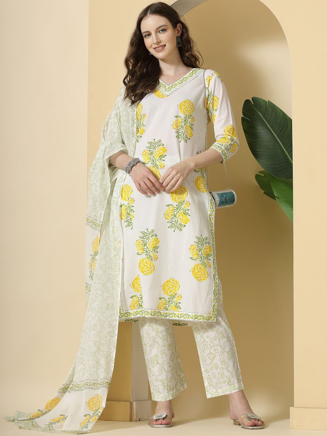 

Yufta Floral Printed Sequinned Pure Cotton Kurta With Trousers & Dupatta, White