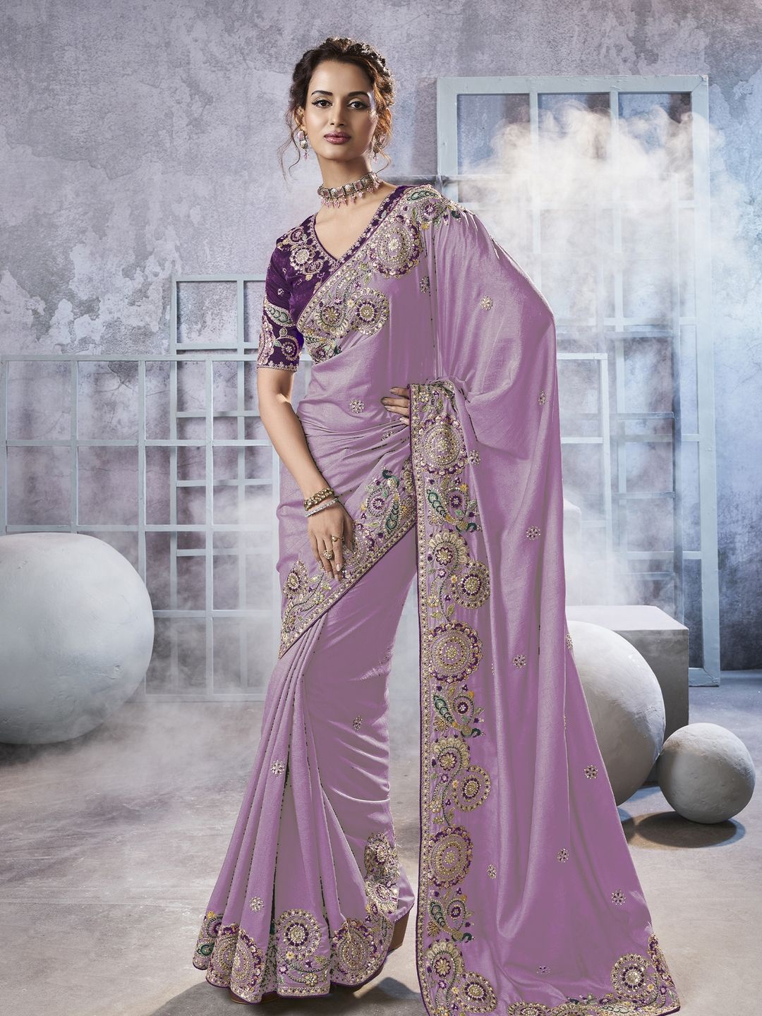 

Suha Floral Sequinned Pure Georgette Saree, Lavender