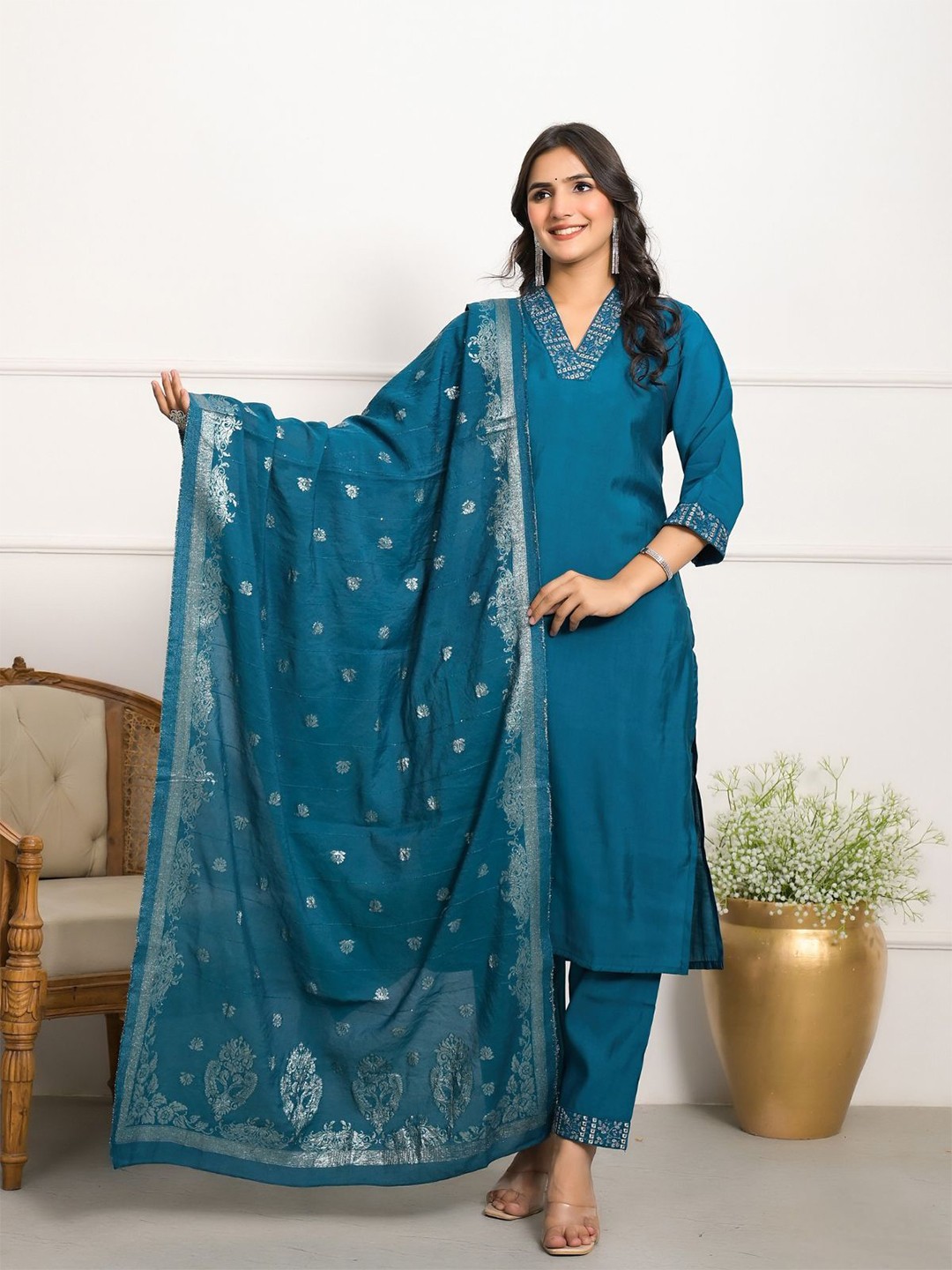 

ODETTE Women Floral Yoke Design Embroidered Thread Work Kurta with Trousers & Dupatta, Teal