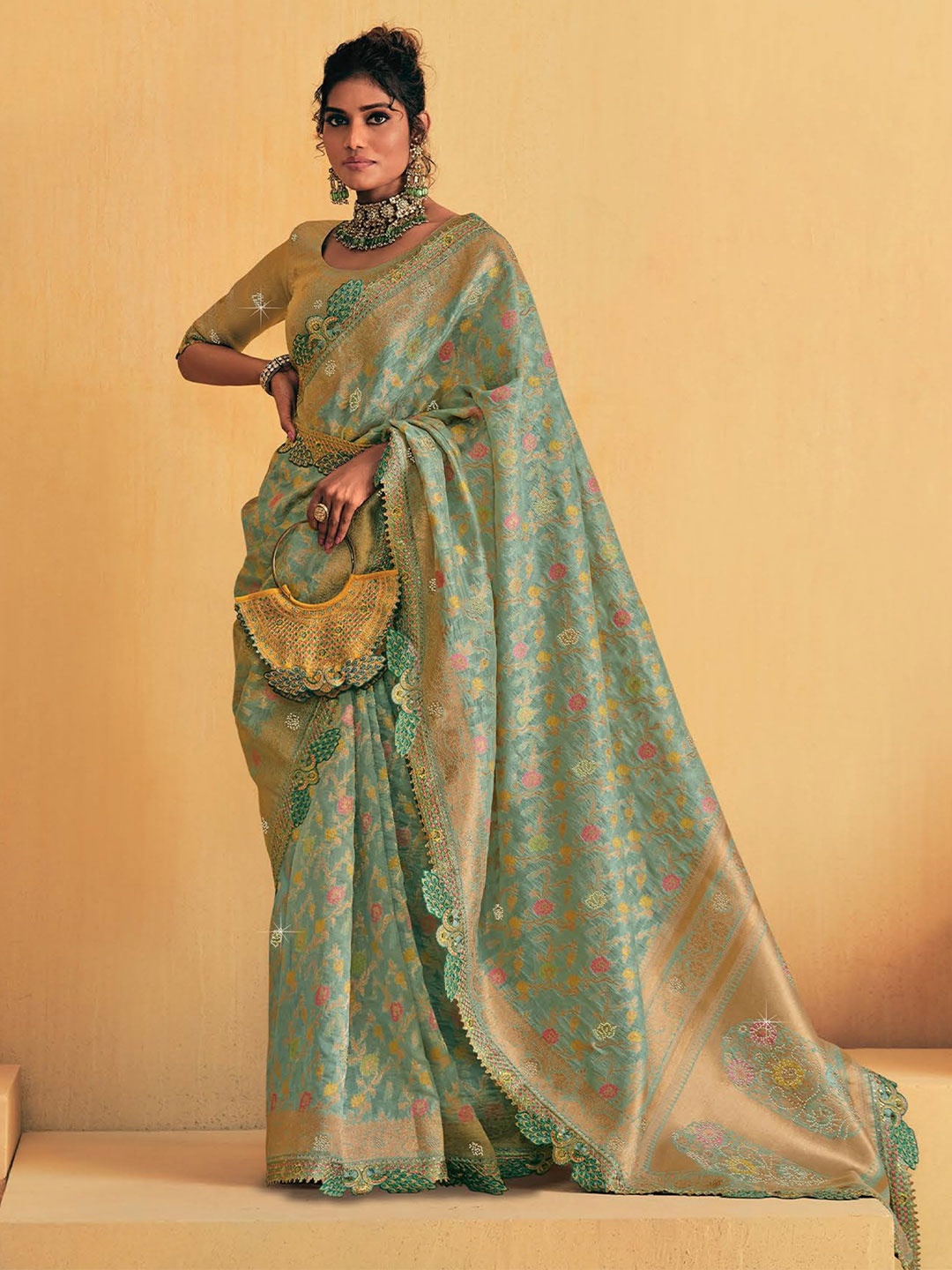 

MAHALASA Floral Beads and Stones Art Silk Handloom Saree, Sea green