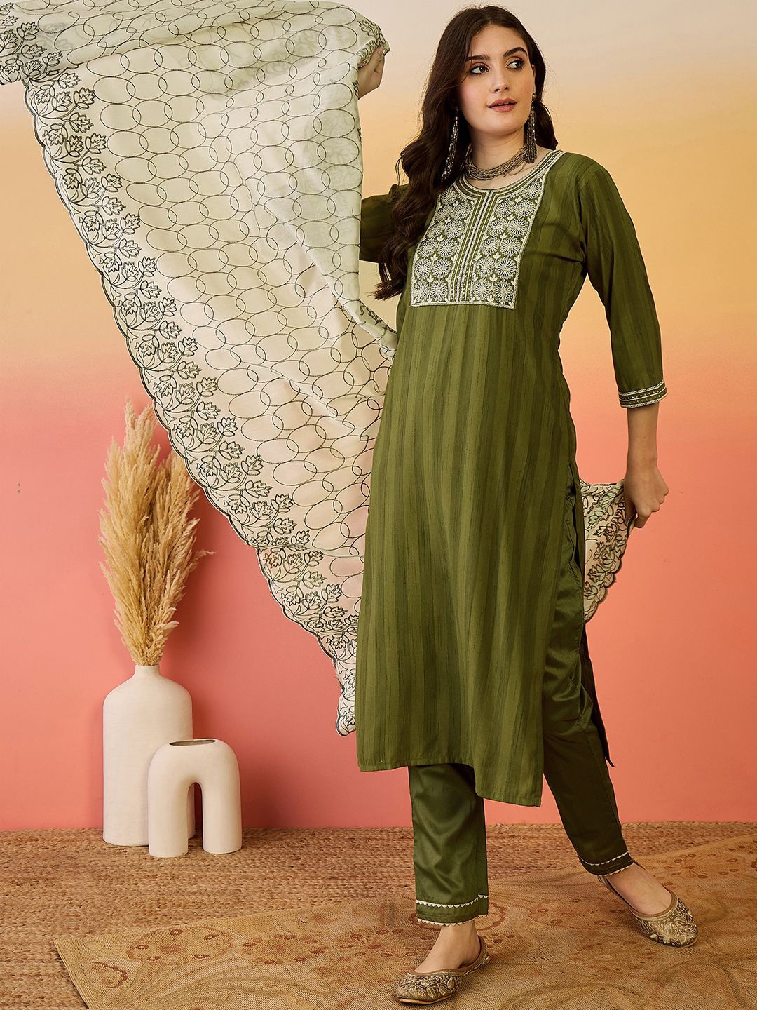 

Sangria Floral Yoke Design Sequinned Straight Kurta With Trouser And Dupatta, Olive