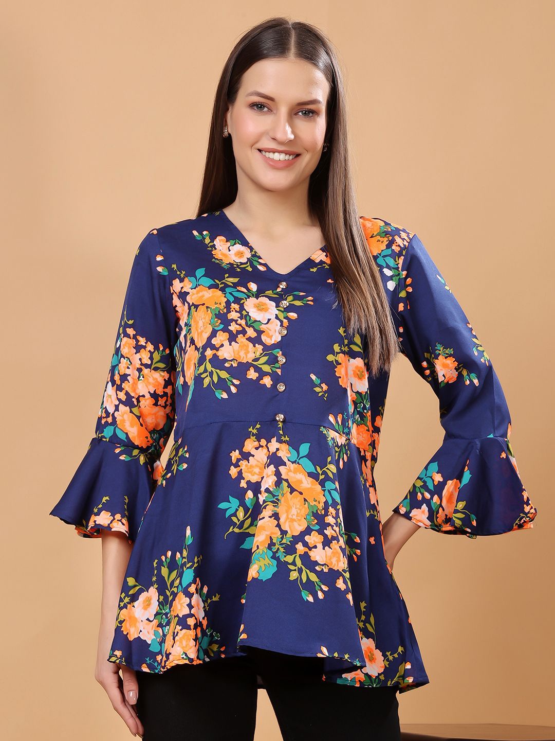 

Moda Rapido Floral Print Bell Sleeve Crepe Tube Top, Blue