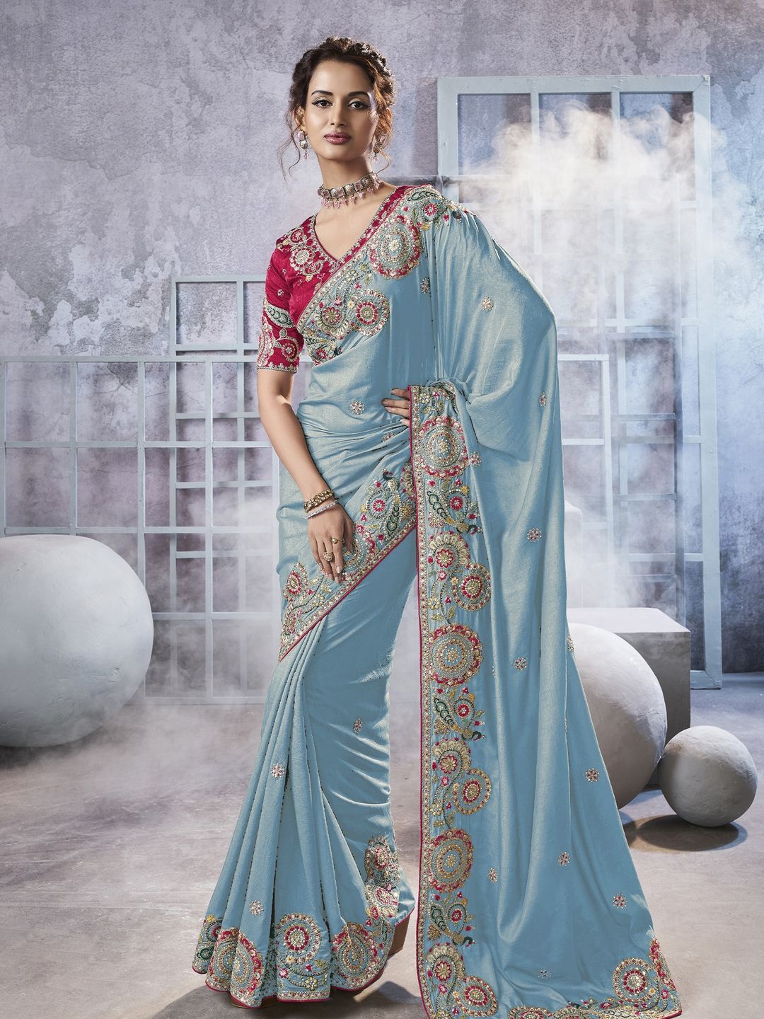 

Suha Floral Sequinned Pure Georgette Saree, Blue