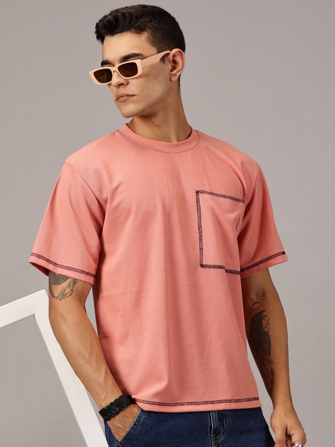 

Rodzen Men Solid Round Neck Cotton Relaxed Fit T-shirt, Peach