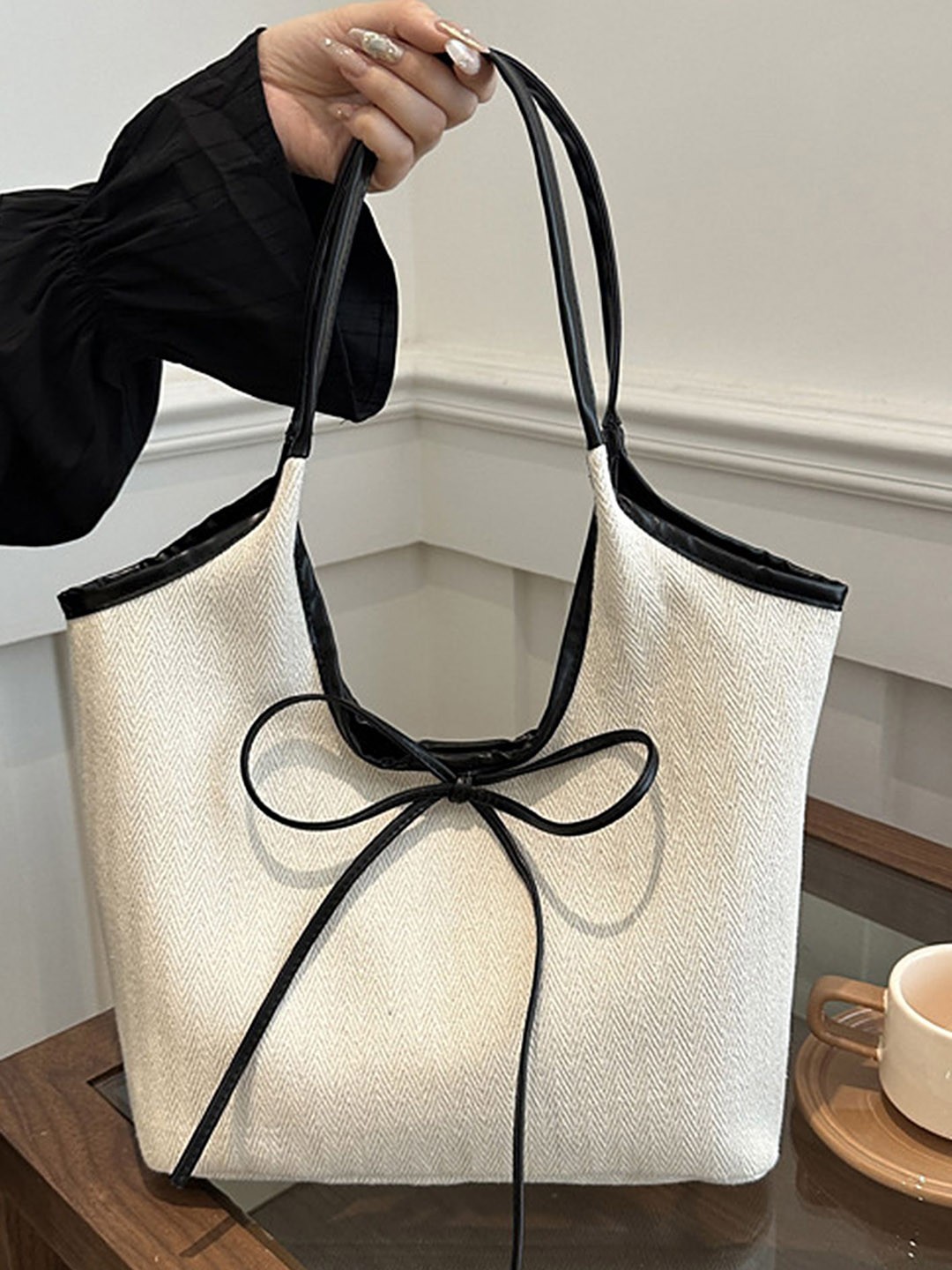 

LULU & SKY Textured Oversized Bucket Shoulder Bag with Bow Detail, Black