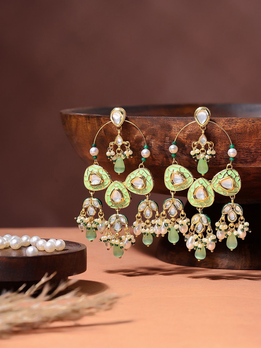 

AARSEE OFFICIAL Gold-Plated Quartz Studded Contemporary Shaped Drop Earrings, Green