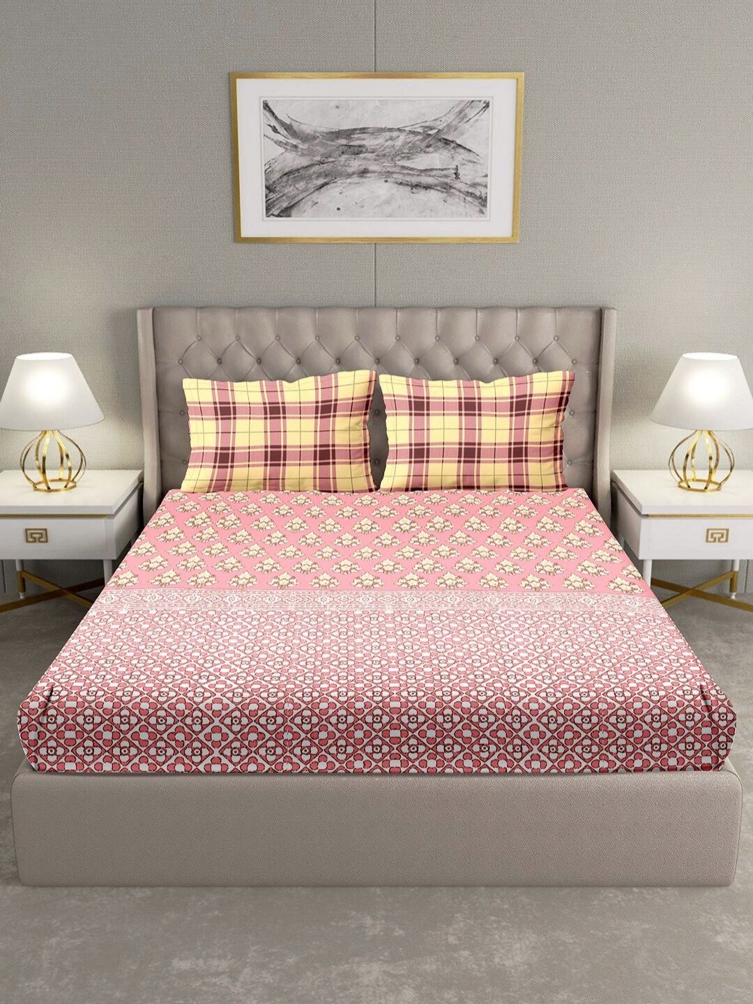 

Myntra Elegant Homes Pink & White Ethnic Motifs 180 TC King Bedsheet with 2 Pillow Covers