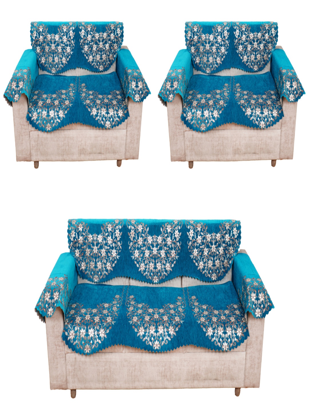 

Fashion Throw Turquoise Blue 12 Pieces Printed Jacquard 7 Seater Sofa Cover With Arms