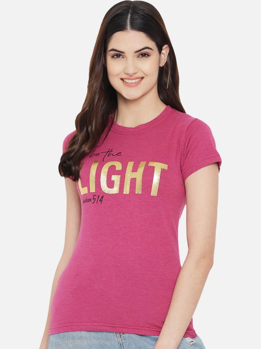 

Tromko Women Typography Printed Round Neck Regular Fit Cotton T-shirt, Pink