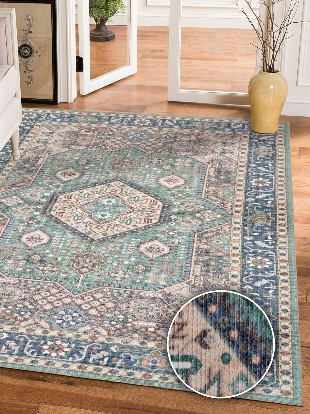 

Kaleen India Beige & Teal Blue Ethnic Printed Traditional Rectangle Anti-Skid Carpet