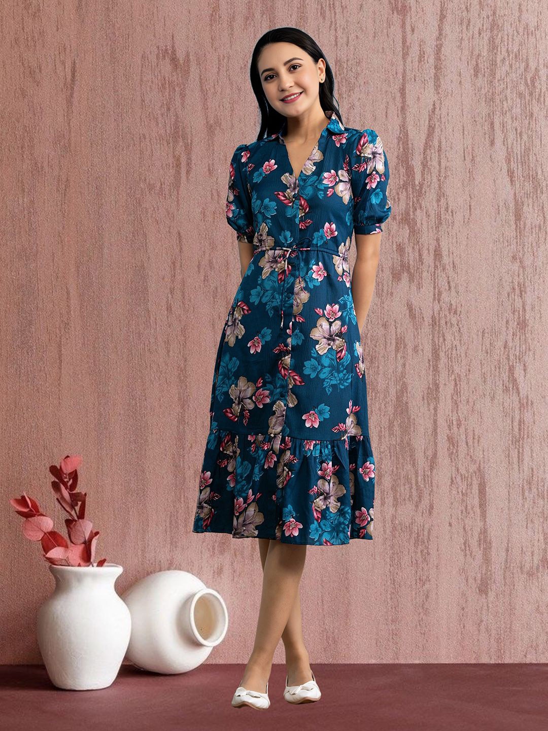 

STARWORD Women Floral Printed Puff Sleeves Cotton Shirt Midi Dress, Blue