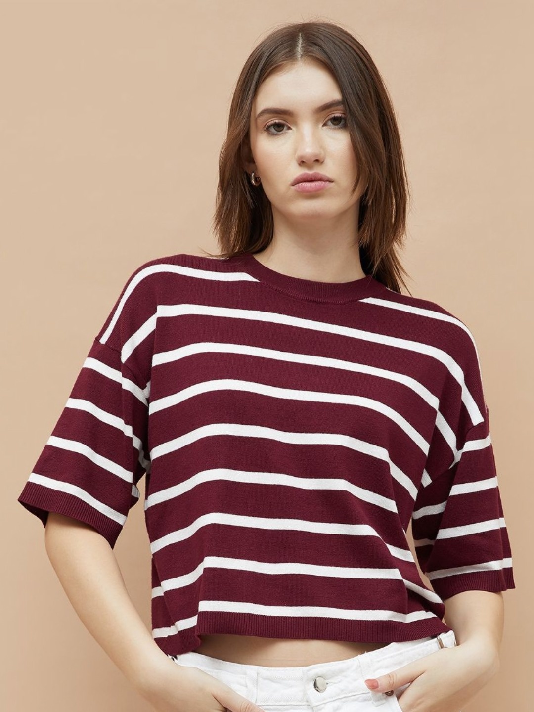 

Ginger by Lifestyle Women Striped Round Neck Boxy T-shirt, Burgundy