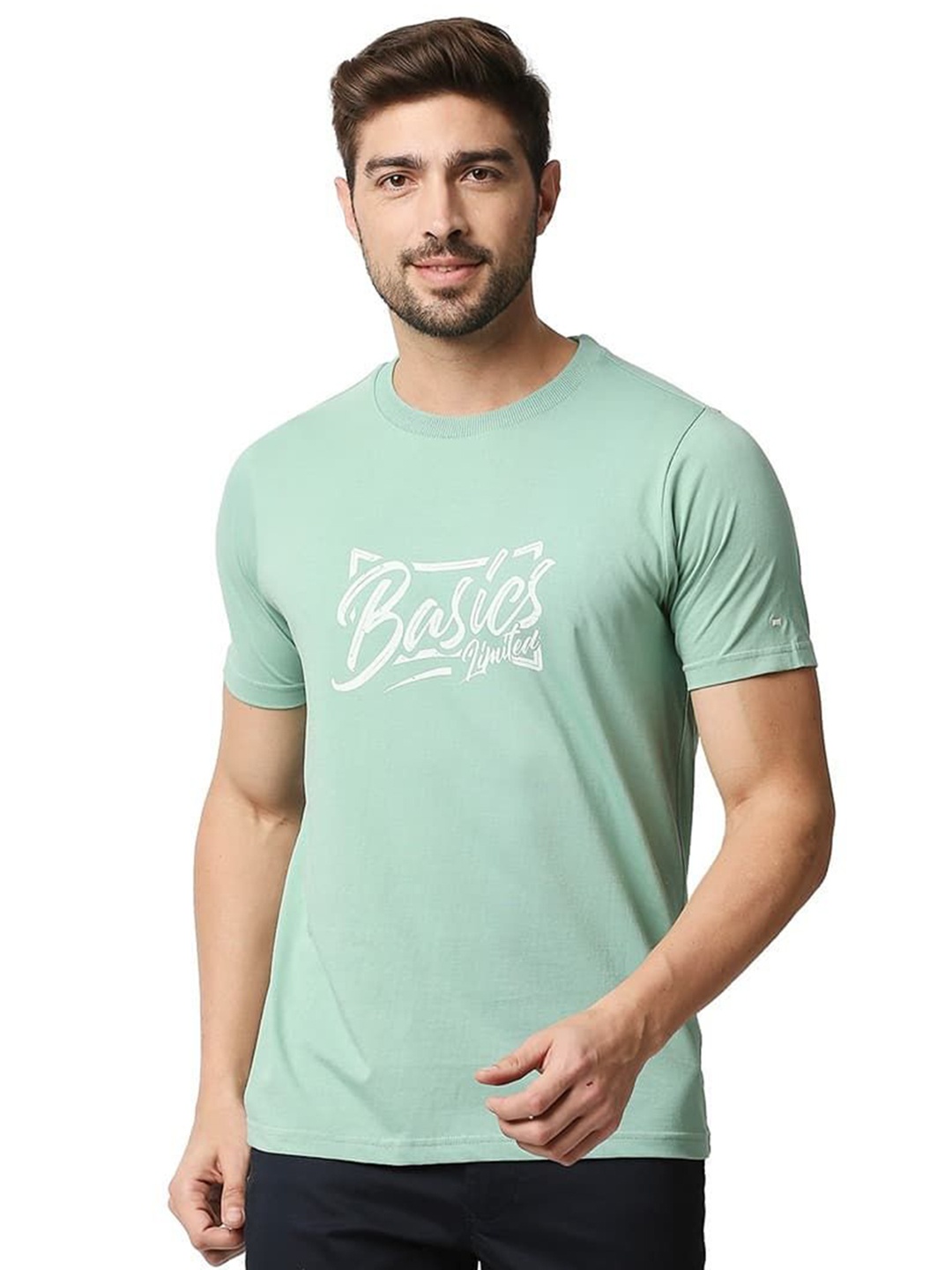 

Basics Men Typography Printed Round Neck Cotton Boxy T-shirt, Green