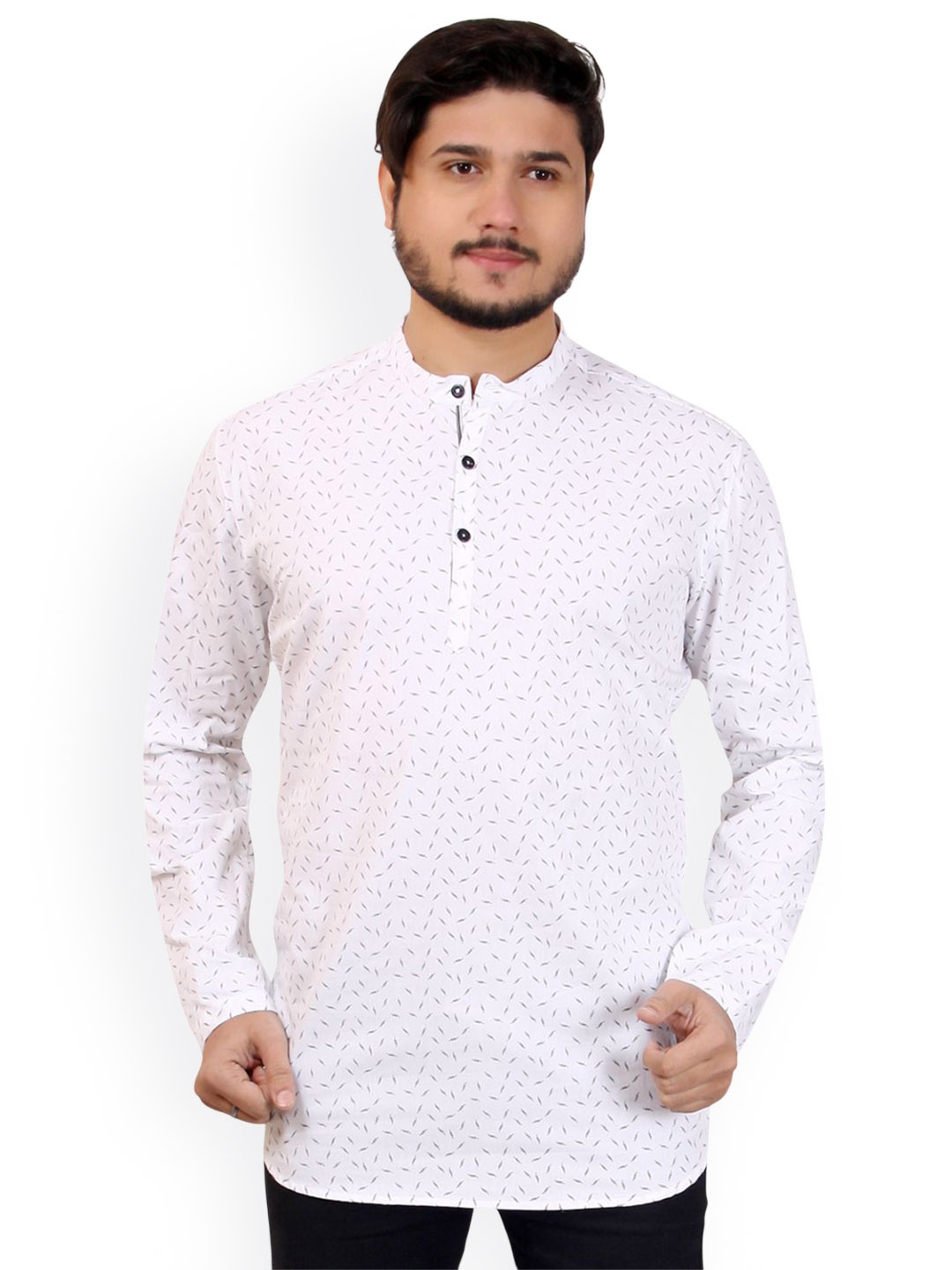 

MADE IN THE SHADE Abstract Printed Band Collar Pure Cotton Straight Kurta, White