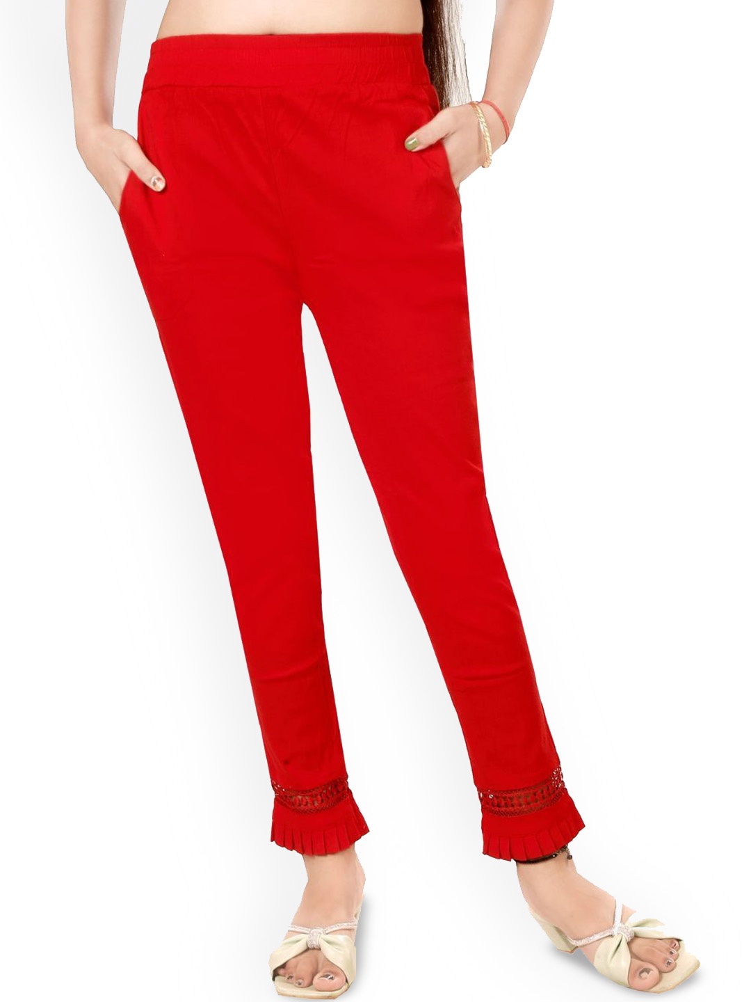 

Fessist Women Relaxed Slim Fit Easy Wash Pleated Trousers, Red