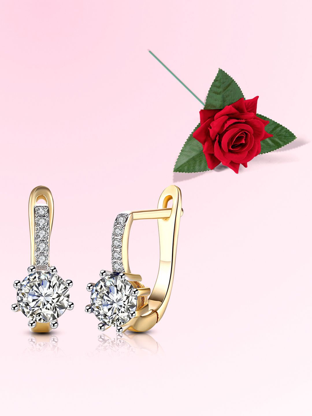 

Peora Gold-Plated Crystals Studded Contemporary Clutch Back Hoop Earrings & Red Rose Box