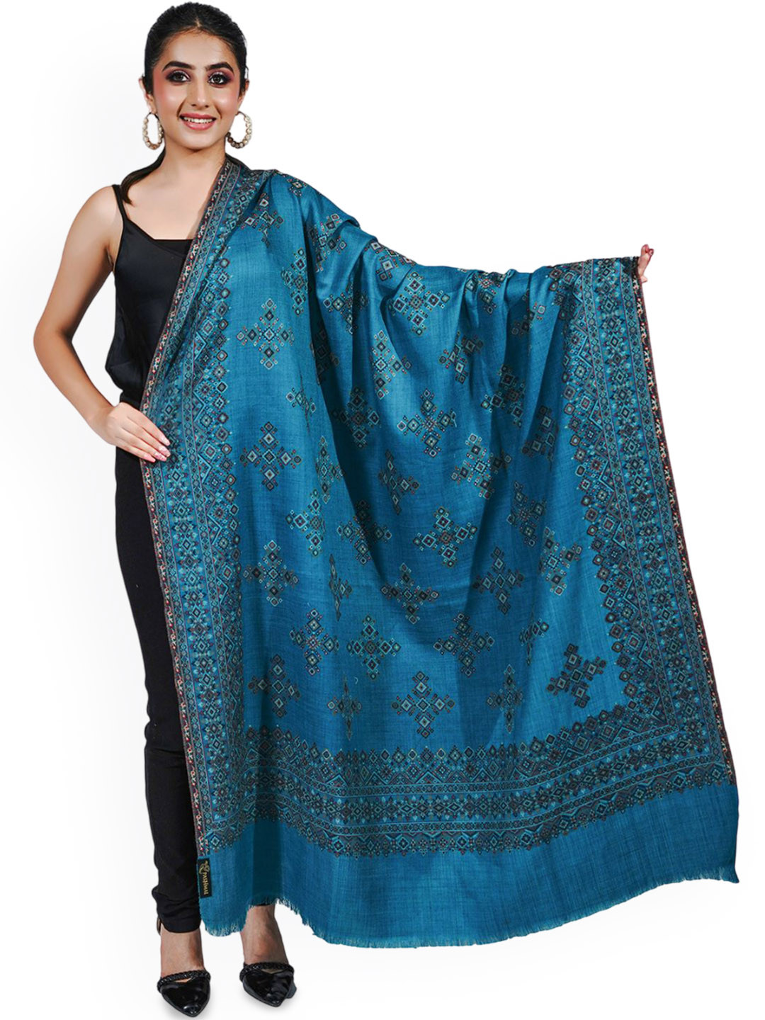 

PASHMAL INDIA PRIVATE LIMITED Geometric Printed Woollen Shawl, Teal