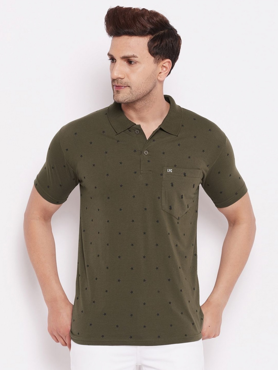 

LYCOS Men Geometric Printed Polo Collar Cotton T-shirt, Olive