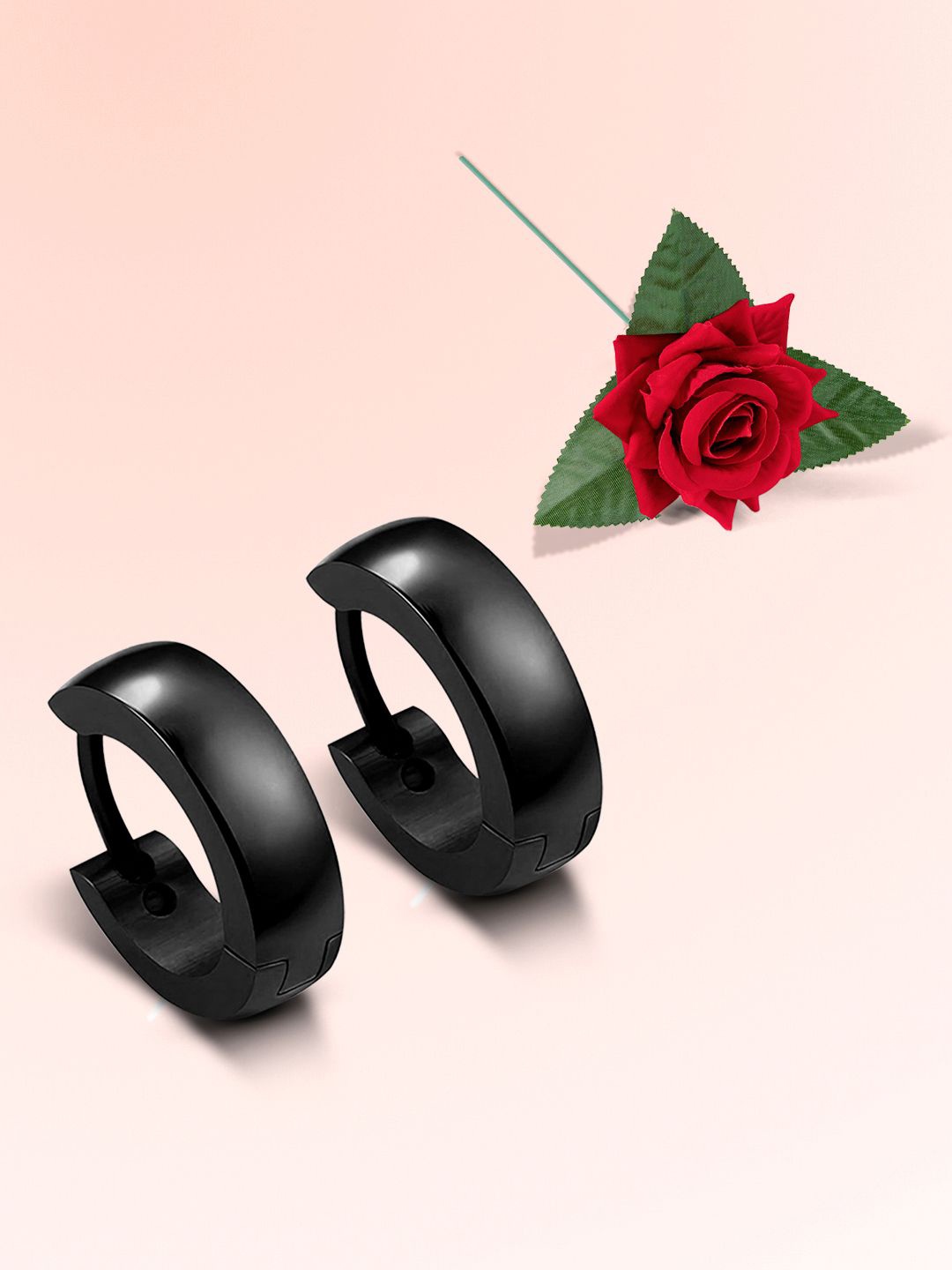 

Peora Stainless Steel Men Circular Shaped Hoop Earrings With Red Rose, Black