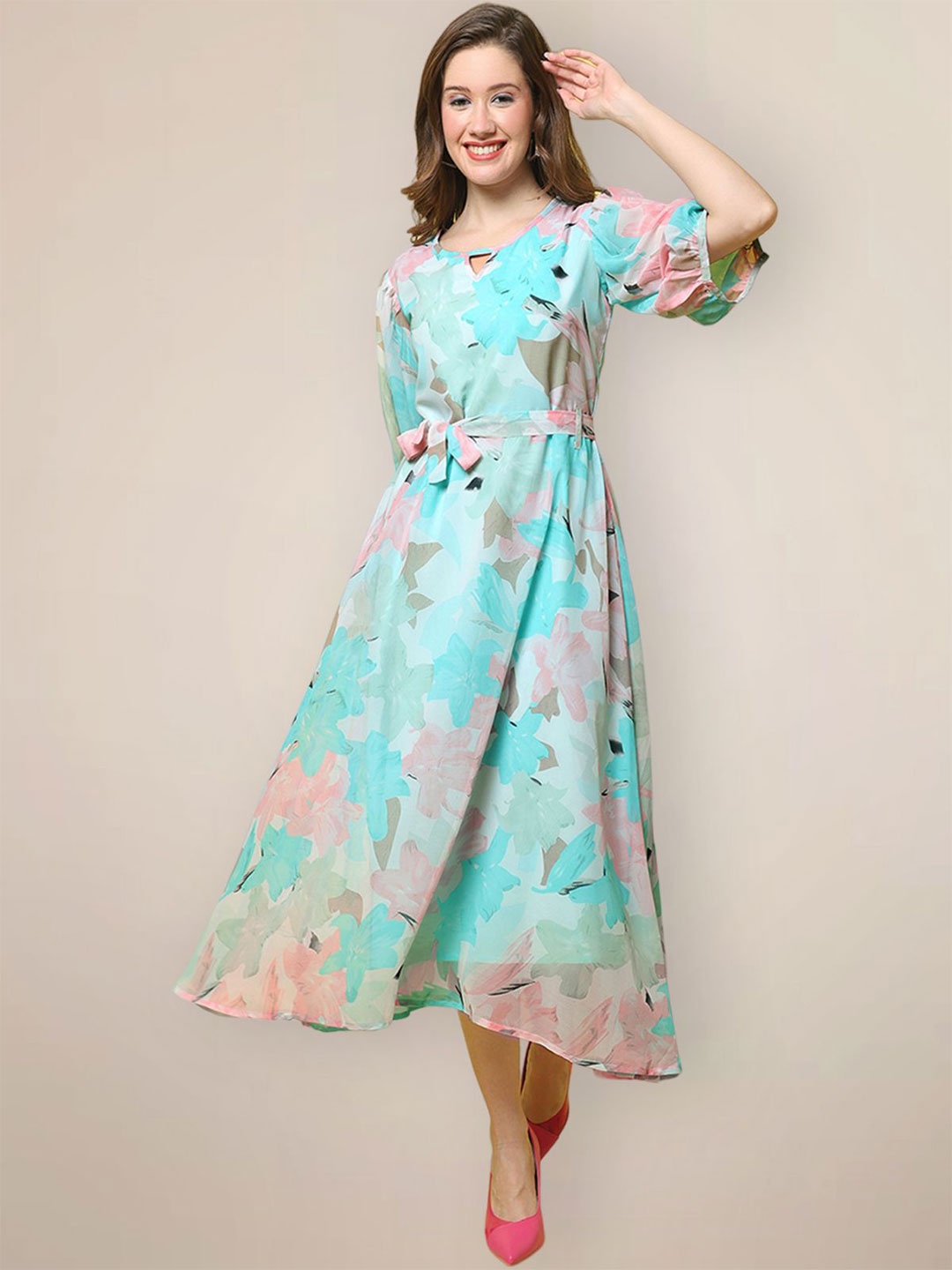 

Tromko Floral Print Keyhole Neck Georgette Fit & Flare Midi Dress, Teal