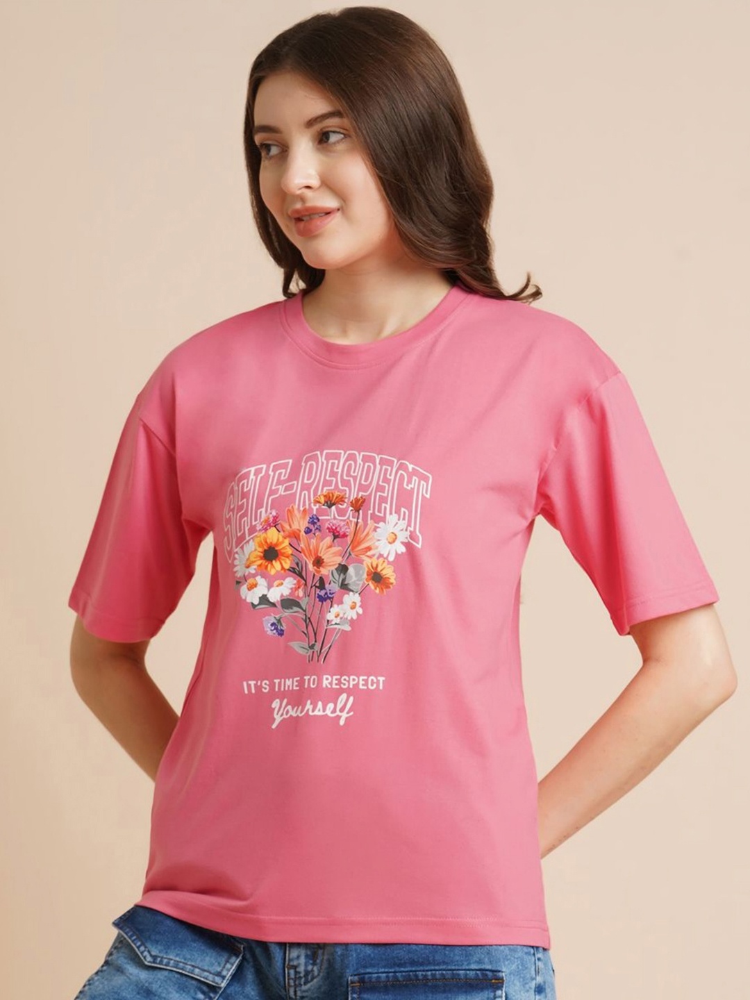 

ANJIR Women Floral Printed Applique T-shirt, Pink