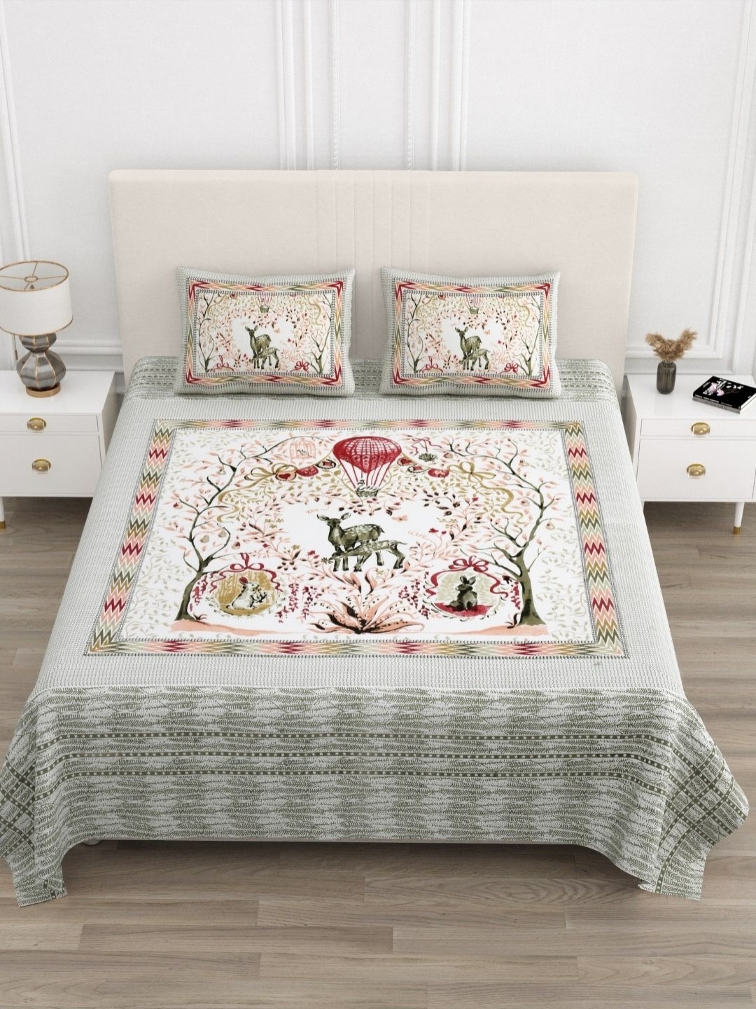 

JAIPUR FABRIC Olive Green Printd Pure Cotton 210 TC King Bedsheet Set 2.74m x 2.54m