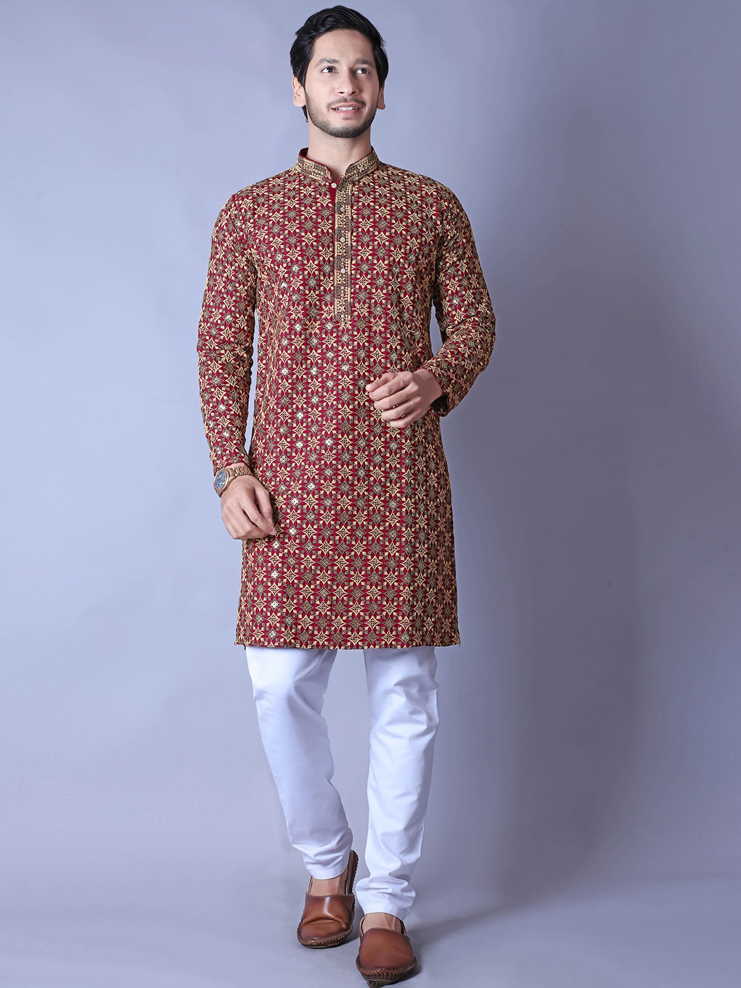

ALMORA Ethnic Motifs Printed Band Collar Straight Pure Cotton Kurta with Pyjamas, Maroon