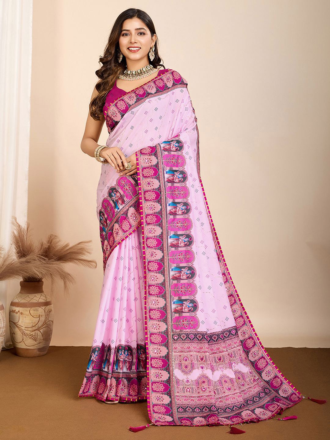 

Satrani Embellished Mirror Work Designer Saree, Pink