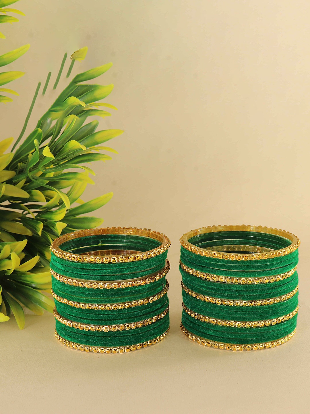 

ZULKA Set Of 34 Glass & Golden Beads Velvet Bangle, Green