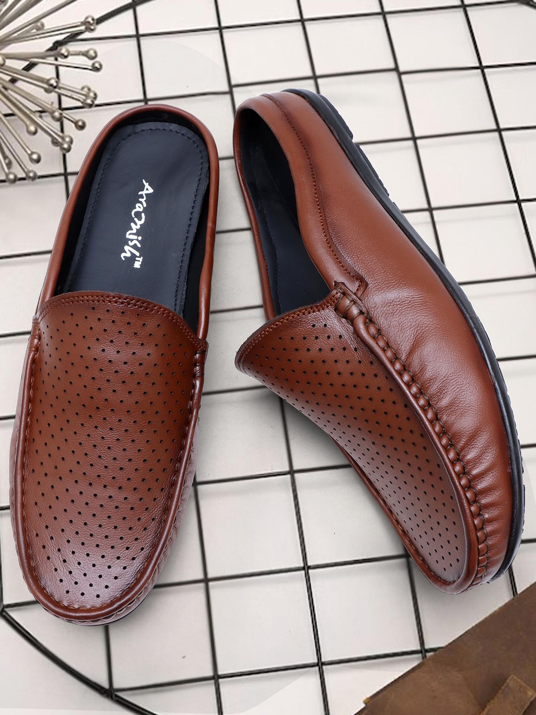 

ARAMISH Men Perforations Round Toe Lightweight Leather Loafers, Tan