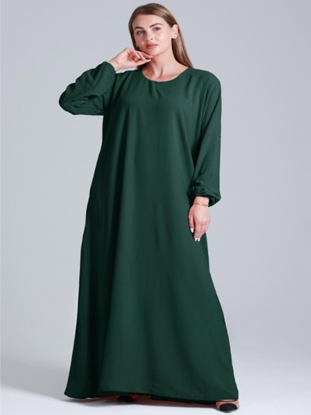 

BROKE BRAND Round Neck Modest Plain Abaya With Hijab, Green