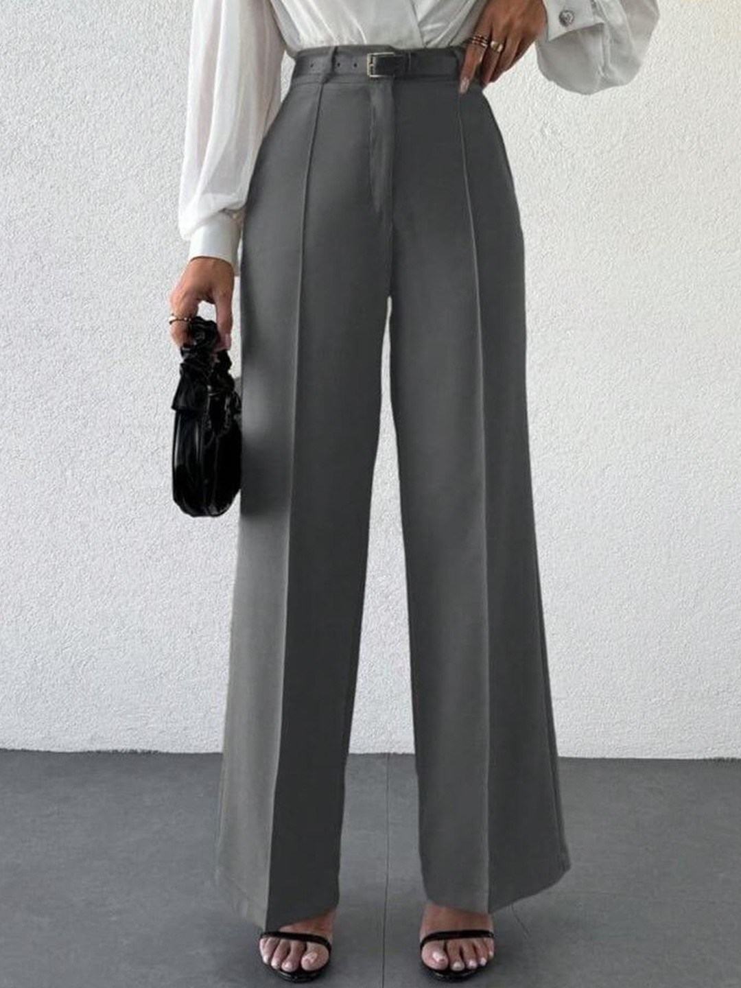 

Next One Women Smart Straight Fit High-Rise Easy Wash Pleated Trousers, Grey