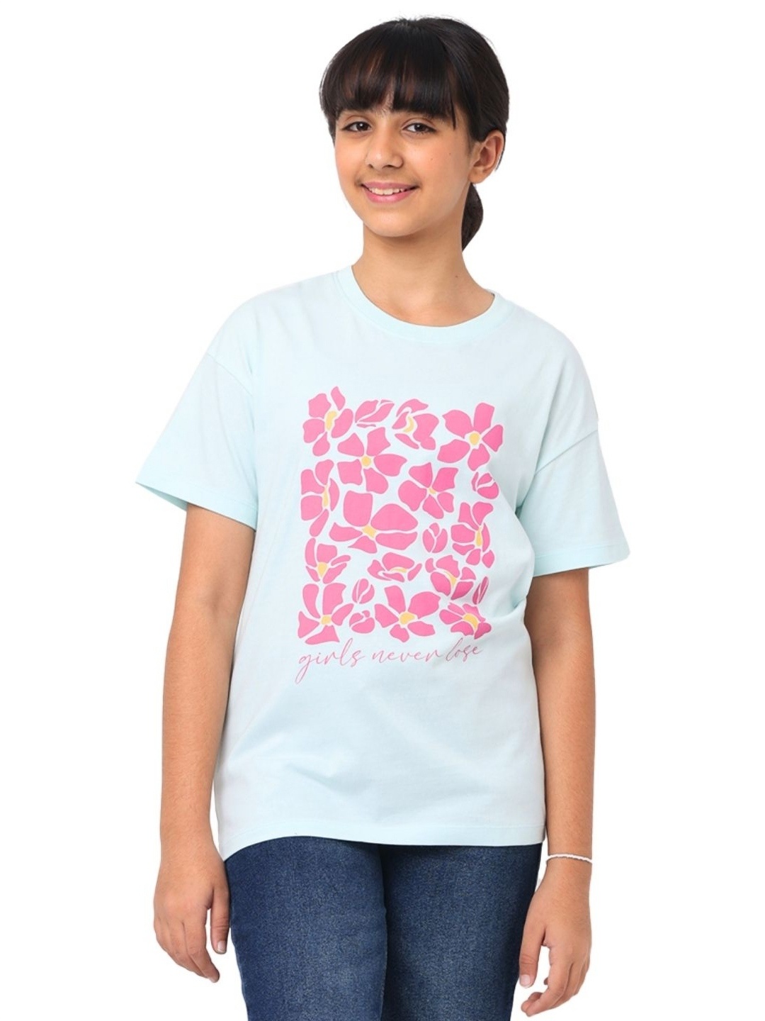 

Nuego Girls Floral Printed Bio Finish T-shirt, Turquoise blue