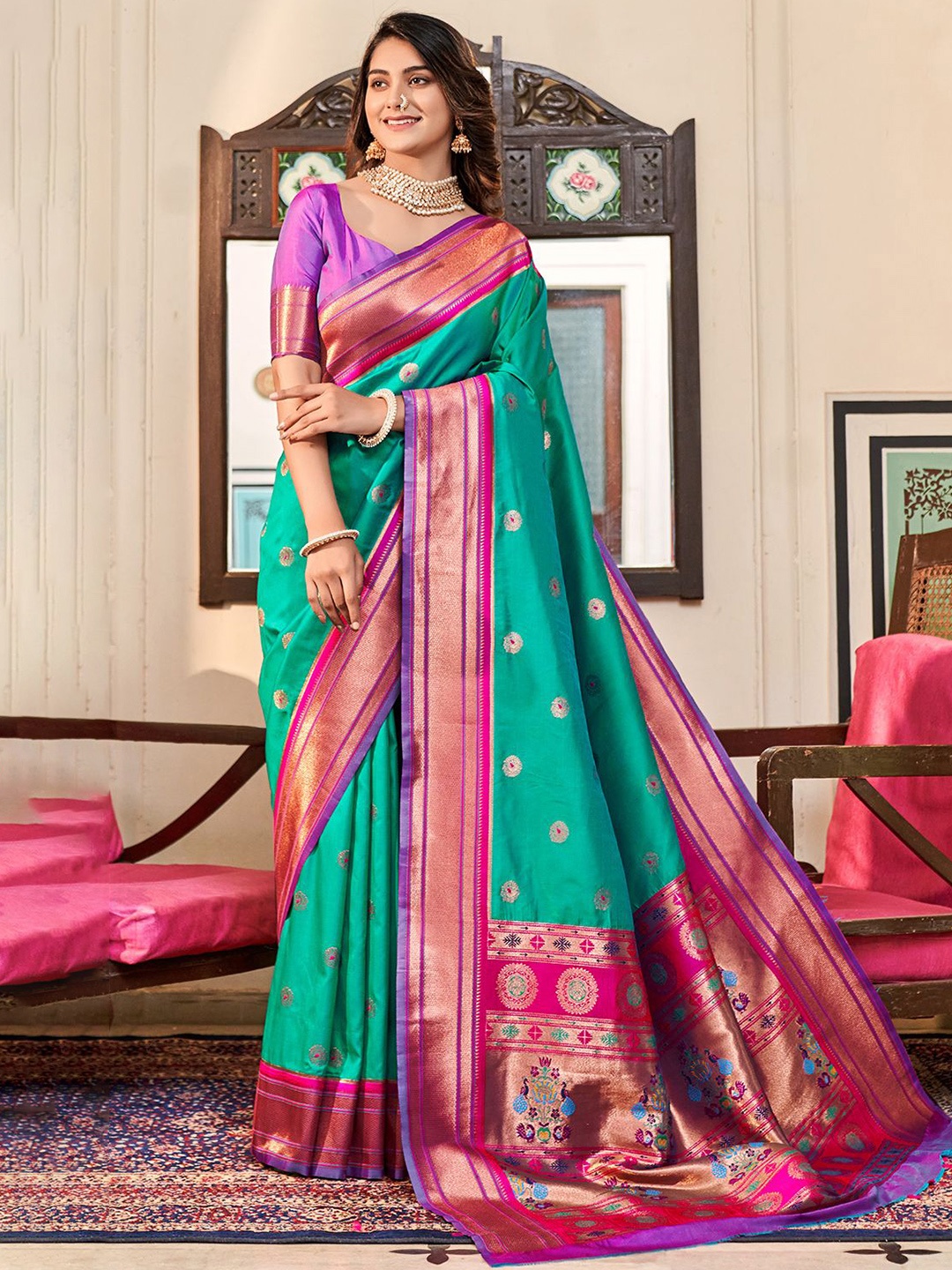 

DEVATITHI Green Soft Paithani Silk Saree