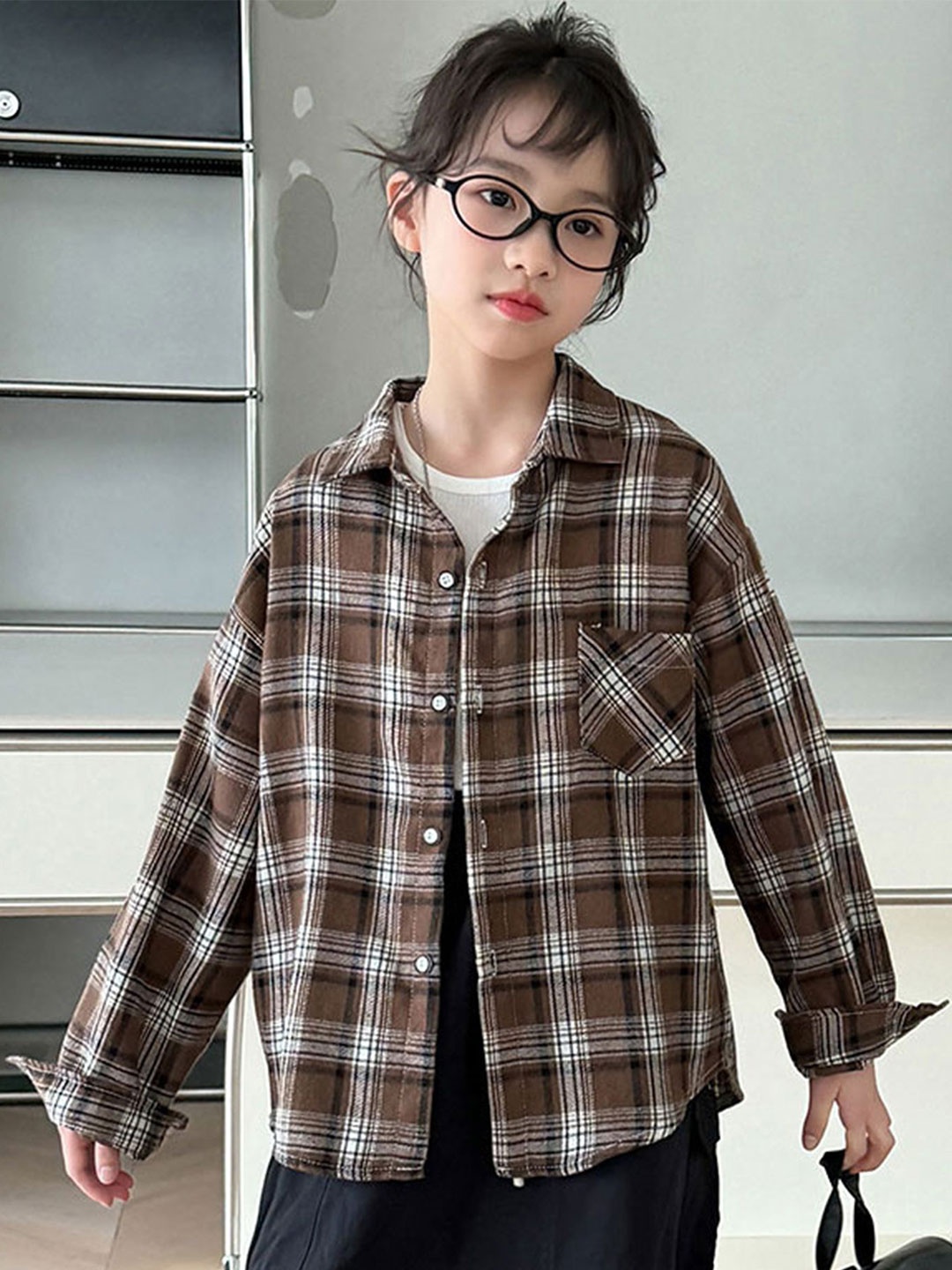 

LULU & SKY Checked Shirt Style Top, Brown