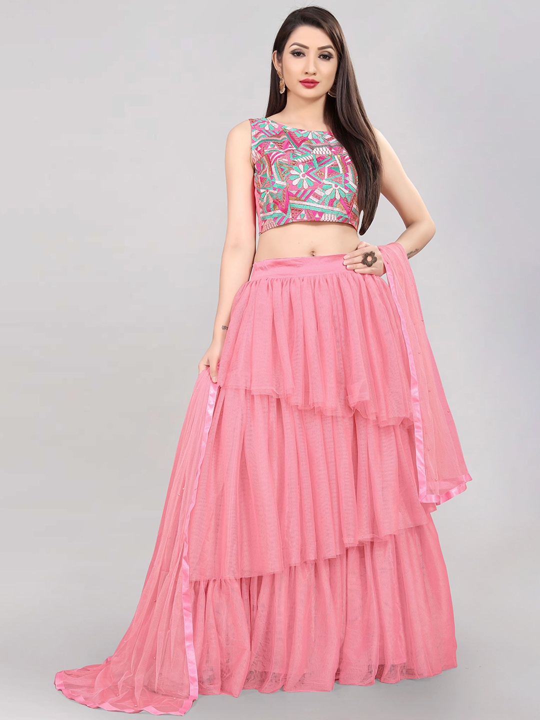 

DIVASTRI Embroidered Thread Work Semi-Stitched Lehenga Choli, Pink