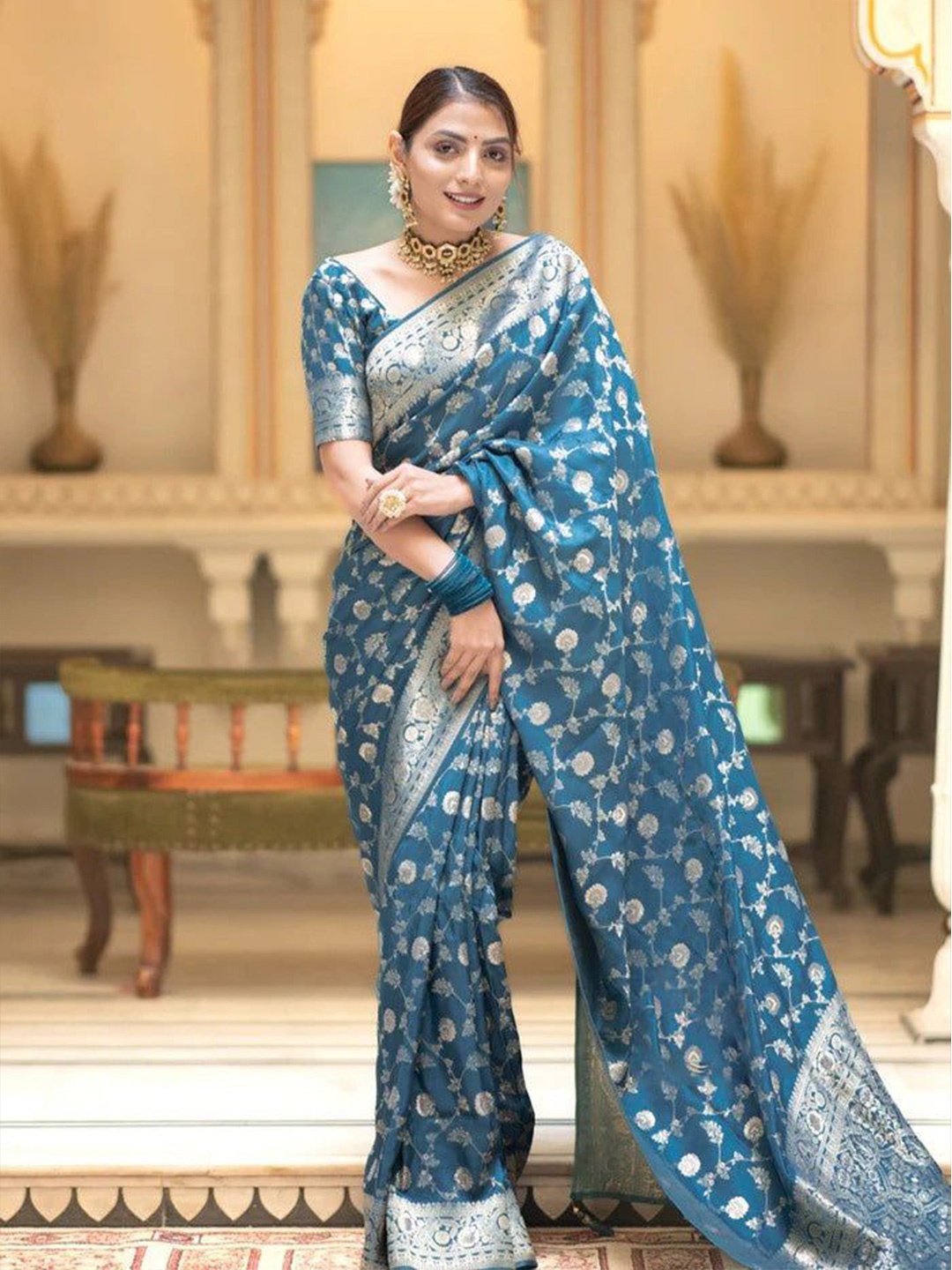 

Aika Woven Design Zari Pure Silk Banarasi Saree, Teal