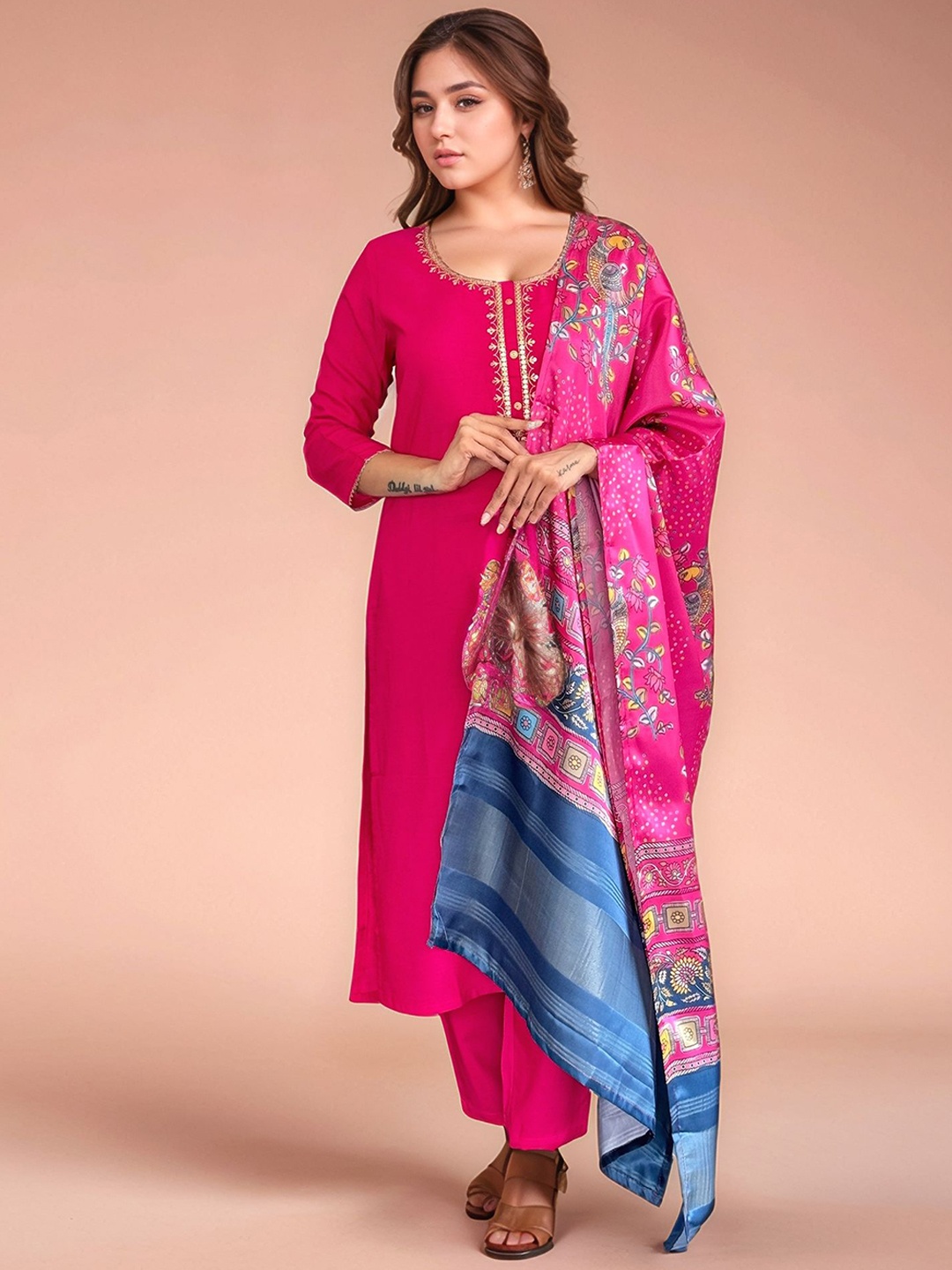 

Siya Fashion Woven Design Straight Kurta With Trousers And Dupatta, Pink
