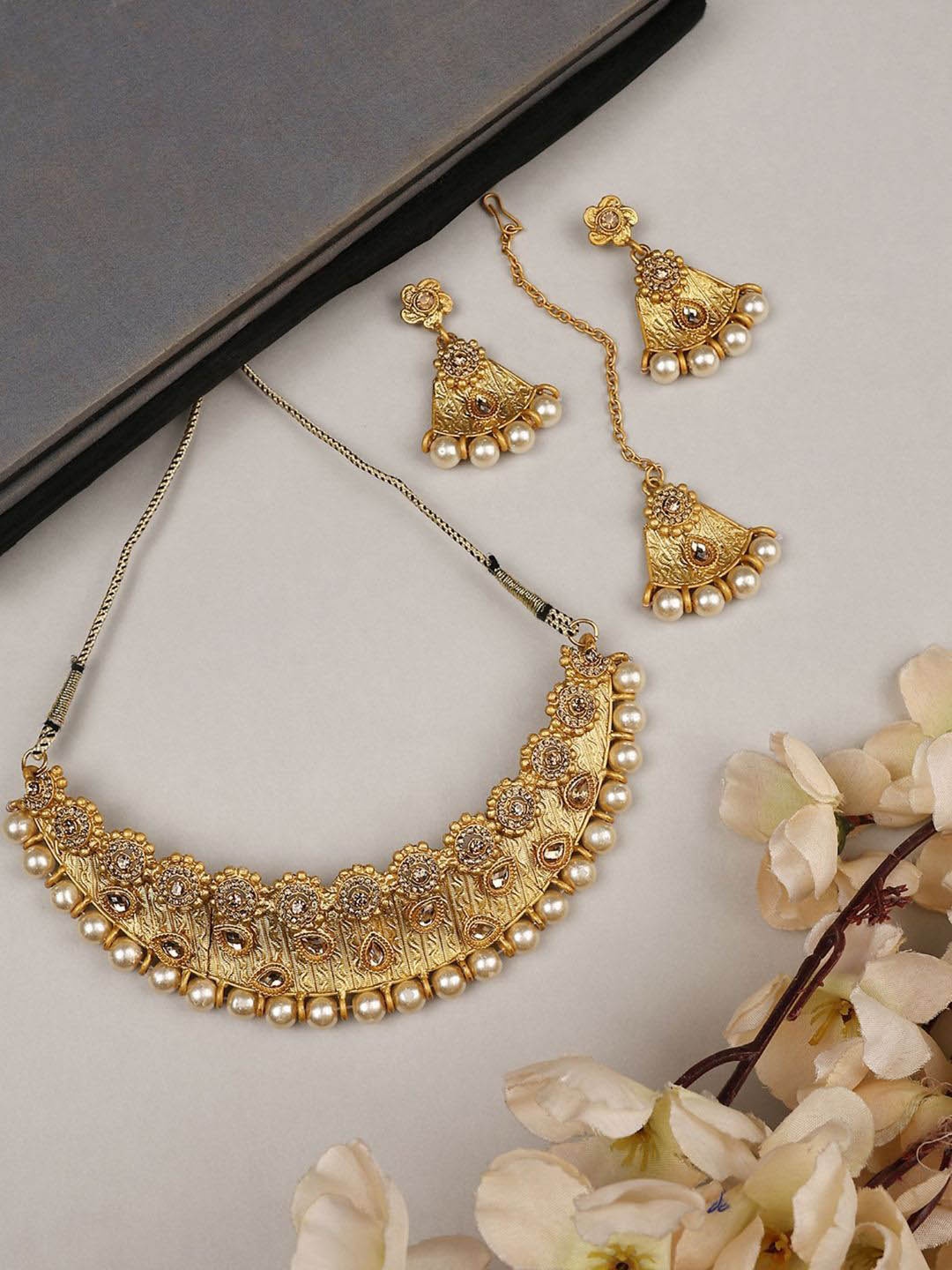 

Anouk Gold Plated Artificial Stones Studded & Beaded Necklace & Earrings With Maang Tikka