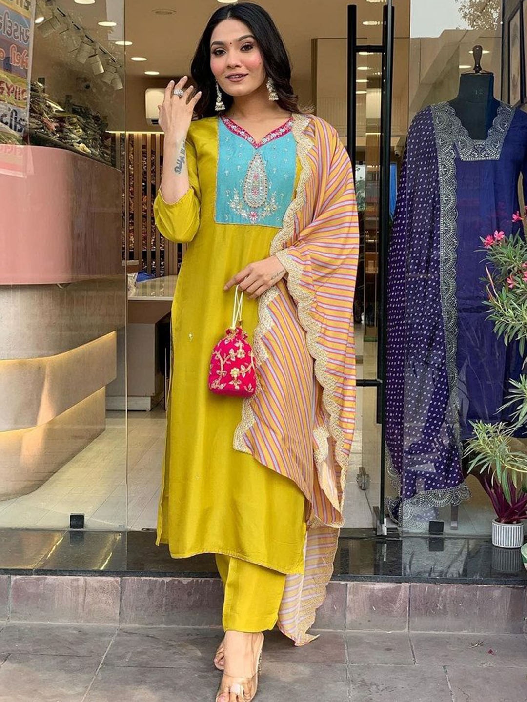 

KALINI Embroidered Notch Neck Kurta With Trousers & Dupatta, Mustard