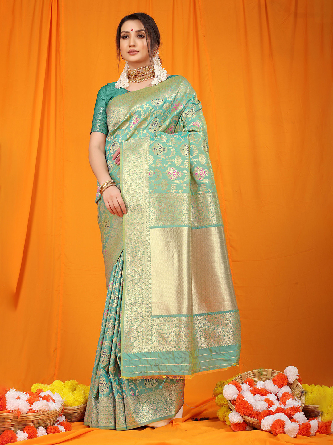 

Kandora Woven Design Pure Silk Heavy Work Banarasi Saree, Sea green