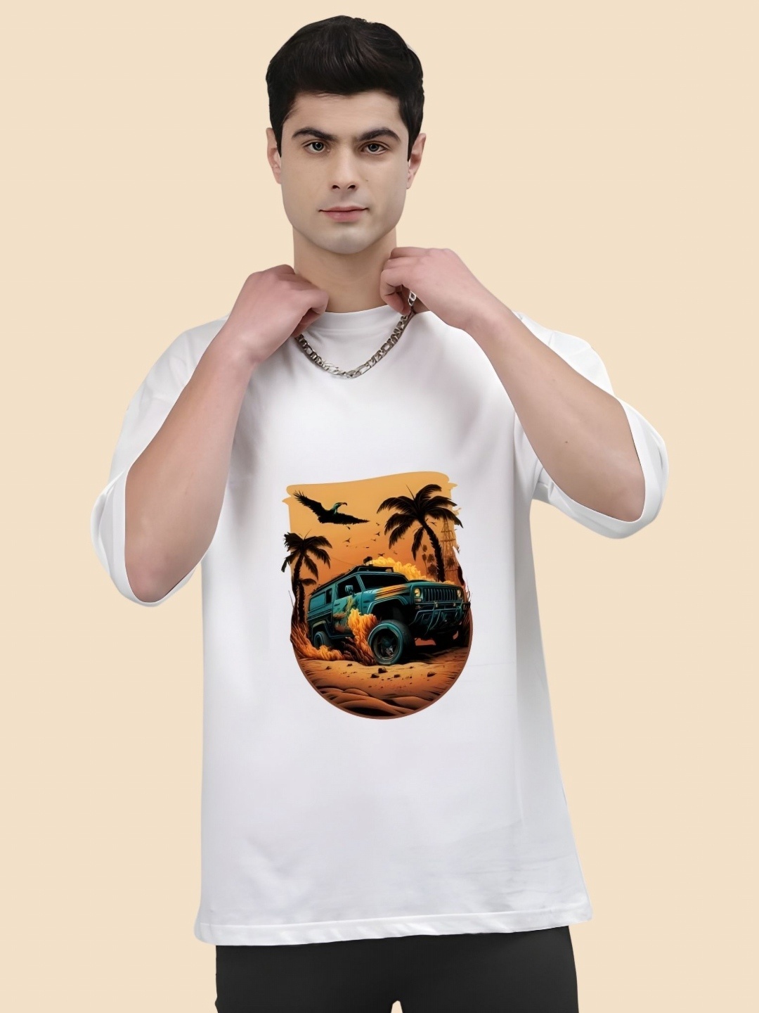

SZN Men Graphic Printed Round Neck Cotton Oversized T-shirt, White