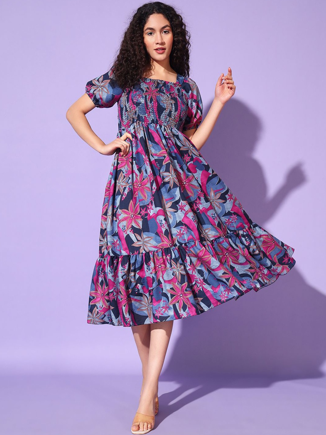 

DEKLOOK Women Floral Printed Cotton Fit & Flared Midi Dress, Blue