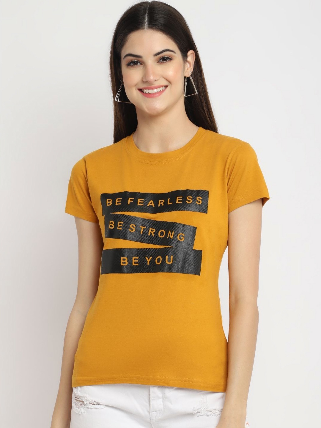 

Tromko Women Typography Printed T-shirt, Mustard